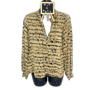 Maeve Anthropologie Striped Pattern Print Half Button Down Blouse Tan Black XS